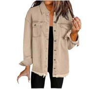 Women Boyfriend Ripped Denim Jacket Oversized Distressed Trucker Light Long Sleeve Button Down Jean Coat Ladies Elegant Jackets Washed Shirts Pockets Open Front Tops S M L XL 2XL Work Office