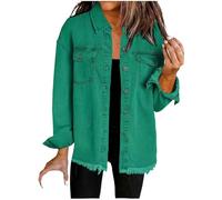 Women Boyfriend Ripped Denim Jacket Oversized Distressed Trucker Light Long Sleeve Button Down Jean Coat Ladies Elegant Jackets Washed Shirts Pockets Open Front Tops S M L XL 2XL Work Office