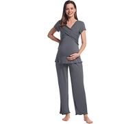 Women Breastfeeding Pyjama Set Short Sleeve Tops & Long Pants Cosy Bamboo Maternity Nursing Pregnancy Labor Postpartum Sleepwear (Dark Grey, XXL)