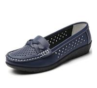 Women Breathable Leather Shoes, Soft Sole Anti-Slip Comfortable Casual Shoe, Hollow Design Flats,Blue,39