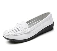 Women Breathable Leather Shoes, Soft Sole Anti-Slip Comfortable Casual Shoe, Hollow Design Flats,White,35