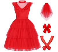 Women Bride Costume Adult Bride Red Wedding Dress Halloween Costumes Gothic Cosplay Outfit with Headdress Lace Gloves CA045M