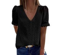 Women Broderie Anglaise Tunic Tops Casual Short Sleeve V Neck Plain Lace Elegant Office Work Shirt Blouse (B-d-Black, S)