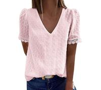 Women Broderie Anglaise Tunic Tops Casual Short Sleeve V Neck Plain Lace Elegant Office Work Shirt Blouse (B-c-Pink, S)