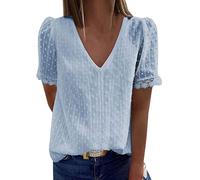 Women Broderie Anglaise Tunic Tops Casual Short Sleeve V Neck Plain Lace Elegant Office Work Shirt Blouse (B-b-Light Blue, M)