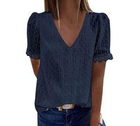 Women Broderie Anglaise Tunic Tops Casual Short Sleeve V Neck Plain Lace Elegant Office Work Shirt Blouse (B-Navy Blue, XXL)