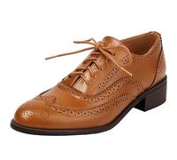 Women Brogue Oxford Multicolor Shoes Low Heel Lace Up Court Shoes Chunky Vintage Wingtip Leather Round Toe Fashion Office Dress Pumps(Brown,UK Size 5)