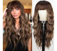 Women Brown Wavy Long Natural Synthetic Wig With Bangs Daily Cosplay Heat Resistant H8mi16b-1