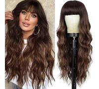 Women Brown Wig with Fringe Long Ginger Ladies Wigs UK Real Hair for Older Women Bob Afro Kinky-Curly Human Hair Wig Glueless Synthetic for 70S Fancy Dress Anime Cosplay Party Wigs 28 inch