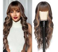 Women Brown Wig with Fringe Long Ginger Ladies Wigs UK Real Hair for Older Women Bob Curly Wigs Synthetic Glueless for 80S Fancy Dress Anime Cosplay Party Wig 28 inch