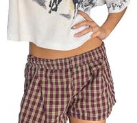 Women Buffalo Plaid Pyjamas Shorts Y2k Elastic Waisted Button Front Lounge Boxer Shorts Wide Leg Gingham Print Bottoms (Coffee, L)
