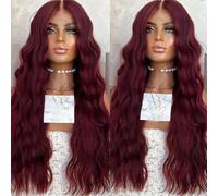 Women Burgundy Lace Front Wig 13X4 Frontal Natural Looking Long Loose Wave Wig Synthetic Hair 26 In Wave 18inches-Lace Front