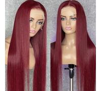 Women Burgundy Lace Front Wig 13X4 Frontal Natural Looking Long Loose Wave Wig Synthetic Hair 26 In Straight 26inches-Lace Front