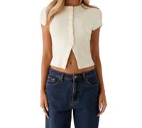 Women Button Down Knitted Vest Ribbed Crop Tank Tops Button Up Sleeveless Open Front Knit Shirts Sleeveless Slim Fit Dressy Top (X-Short Sleeve Beige, S)
