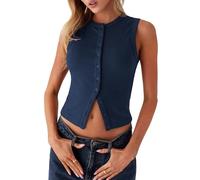 Women Button Down Knitted Vest Ribbed Crop Tank Tops Button Up Sleeveless Open Front Knit Shirts Sleeveless Slim Fit Dressy Top (Navy Blue, L)