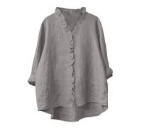 Women Button Down Linen Shirts Solid Summer Long Sleeve Casual Blouses Ruffle Hem Flowy Tops Trendy Ladies Going Out Clothes Ladies Tops Loose Fit T-Shirts Daily Work Shirt 16 18 14 22 12 Gray