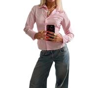 Women Button Down Shirts Flare Long Sleeve Striped Slim Fit Blouses V Neck Casual Basic Business Office Work Blouse Tops(Basic Pink,Small)