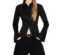 Women Button Down Shirts Flare Long Sleeve Striped Slim Fit Blouses V Neck Casual Basic Business Office Work Blouse Tops(Fashion Black,Medium)