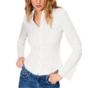 Women Button Down Shirts Flare Long Sleeve Striped Slim Fit Blouses V Neck Casual Basic Business Office Work Blouse Tops(Fashion White,Small)