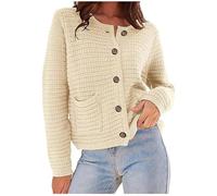 Women Button Down Sweater Coat Classic Crew Neck Cable Knit Crop Cardigan Solid Long Sleeve Knit Sweaters Open Front Outwear Coats Knitwear Plain Cropped Knited Jacket Chunky Knitted Cardigan Jacket