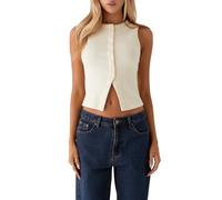 Women Button Down Tank Tops Casual Summer Solid Sleeveless Crop Shirt Basic Vest Aesthetic Clothes Streetwear (Beige, L)