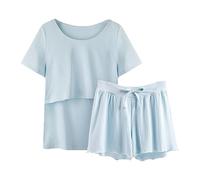 Women Button Gown Pajamas Sleeve Sleepwear Breastfeeding Women Shirt And Set T Baby Maternity Tops Short Pants Maternity Sleep Maternity Pajamas with Robe (Blue, L)