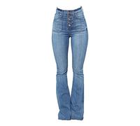 Women Button Up Flare Denim Jeans Slim High Waist Bell Bottom Denim Pants Classic Retro Butt Lifting Stretch Jean, Light Blue, Large