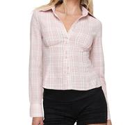 Women Button up Shirt Y2k Vintage Plaid Striped Slim Fitted Preppy Long Sleeve Coquette Tops Office Work Blouse (C-Pink, M)