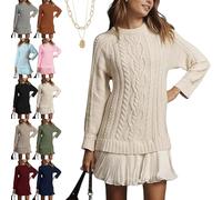 Women Cable Knit Sweater Dress with Skirt, 2025 New Long Sleeve Pleated Mini Dresses Twofer Style Patchwork Knit Pullovers Dresses (Creamy White,L)