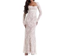 Women Cami Lace Maxi Dress Romantic Long Sleeve Lace Bodycon Dresses Elegant, White, L
