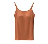 Women Camisoles Tops With Built-In Bra Without Steel Ring Bra Solid Color Adjustable Spaghetti Strap 2 in 1 Tank Top Pajamas for Homewear (Brown, L)