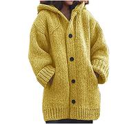 Women Cardigan Long Knitted Cardigan Pockets Long Chunky Cardigans for Women UK Button Winter Cardigans for UK Warm Hooded Kimono Solid Color Winter Womens Knitwear Yellow