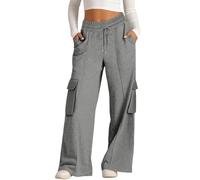 Women Cargo Jogger Trousers Wide Leg Casual Jogging Bottoms Solid Hiking Jogger with Elastic Drawstring and Multipocket Loose Fit Comfy Casual Style Sweatpants for Lounging Outdoor (Grey, L)