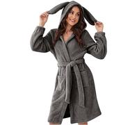 Women Cartoon Animal Coral Fleece Hooded Wrap Dressing Gown Housecoat Bathrobe Velvet Nightgown Maxi Nightrobe Plush Thickened Nightdress Unbuttoned Lace-Up Nightwear Cute Rabbit Ears Hooded Pyjamas