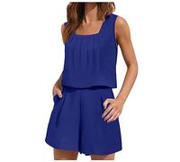 Women Casual 2 Piece Summer Outfits Ladies Loungewear Square Neck Sleeveless Tank Crop Tops and Shorts Pocket Pleated Pyjamas Loose Casual Shirts Suits Full Set Co Ord Sets Plus Size 18