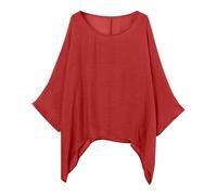 Women Casual Blouse Cotton Long Sleeve Shirt Beach Women's Fashionable and Casual Large Size Loose Cotton Nine Point Sleeve Top T Shirt White Linen Shirt Women (Red, XXXL)