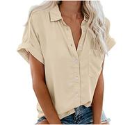 Women Casual Blouse Sale Clearance Short Sleeve Button Down Shirts Ladies Elegant Office Work Blouses Solid Color T-Shirt Loose Fit Tunic Tops Turn-Down Collar Blouse