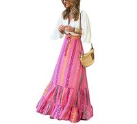 Women Casual Boho Long Skirt Vintage Floral Print Bohemian Style Half Dress Elastic Waist Flowy Swing Midi Skirt Summer Spring (Za-Pink, M)