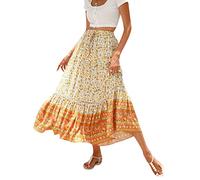 Women Casual Boho Long Skirt Vintage Floral Print Bohemian Style Half Dress Elastic Waist Flowy Swing Midi Skirt Summer Spring (Orange, XL)