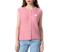 Women Casual Chunky Knit Vest Button Down Sleeveless Sweater Shirt Solid Color Basic Crochet Cardigan (A-a-Pink, L)