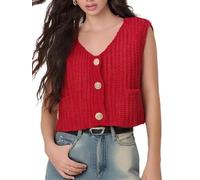 Women Casual Chunky Knit Vest Button Down Sleeveless Sweater Shirt Solid Color Basic Crochet Cardigan (B-a-Red, L)