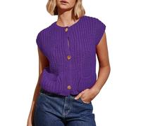 Women Casual Chunky Knit Vest Button Down Sleeveless Sweater Shirt Solid Color Basic Crochet Cardigan (B-Purple, S)