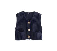 Women Casual Chunky Knit Vest Button Down Sleeveless Sweater Shirt Solid Color Basic Crochet Cardigan (B-Navy Blue, S)