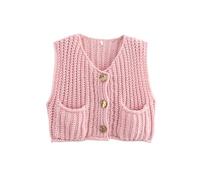 Women Casual Chunky Knit Vest Button Down Sleeveless Sweater Shirt Solid Color Basic Crochet Cardigan (B-Pink, S)