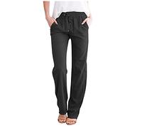 Women Casual Cotton and Linen Solid Drawstring Elastic Waist Long Straight Pants UK Size Sale S-5XL