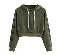 Women Casual Crop Tops Long Sleeve Hoodie Drawstring Sale Clearance Girl's Letters Hooded Sweatshirt Ladies Solid Short Pullover Jumper Baggy Sport Tops Blouse T-Shirt Army Green