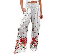 Women Casual Fashion Beach Elastic Waist Wide Leg Trousers Colorful Flower Print Pocket Trousers 15-1 Red