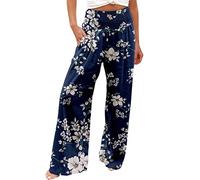Women Casual Fashion Beach Elastic Waist Wide Leg Trousers Colorful Flower Print Pocket Trousers 15-1 Navy