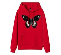 Women Casual Fashion Butterfly Print Hoodie Graphic Drawstring Pullover Preppy Sweatshirt (B-Red, L) Womens Jumper Graphic Hoodie 18Th Birthday Gifts for Girls Gym Running Promotion Sale Clearance