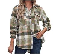 Women Casual Flannel Plaid Wool Blend Shacket Lapel Button Down Long Sleeve Loose Shirt Fall Jackets Coat Ladies Fall Fashion Shirts Tartan Jackets Woolen Blouse Loose Checked Tops